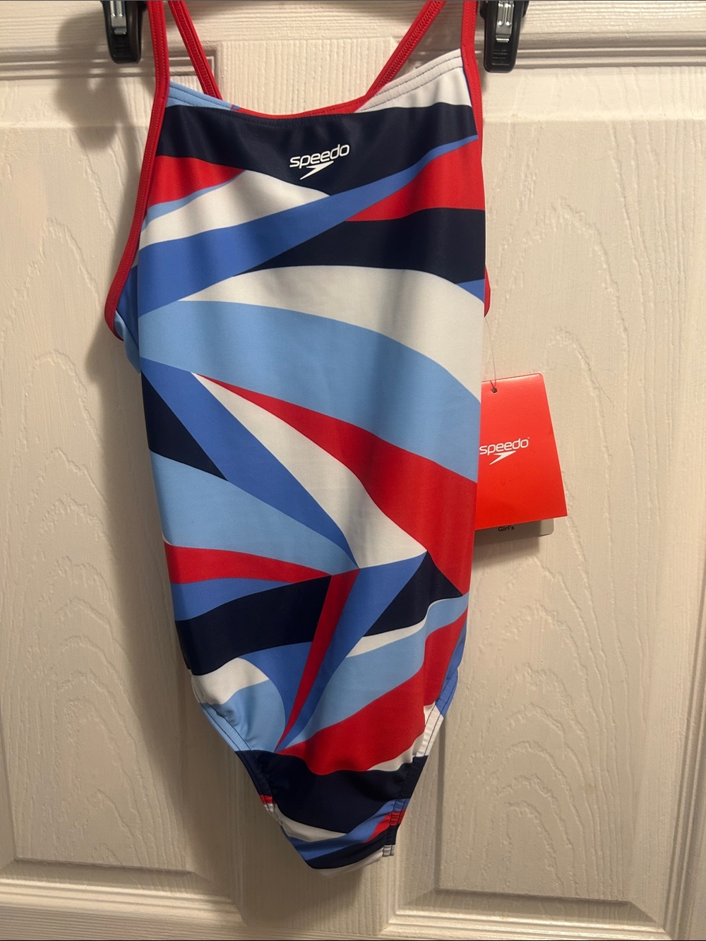 Speedo Girls Red, Light Blue, Navy & White Geometric One-Piece Swim Suit